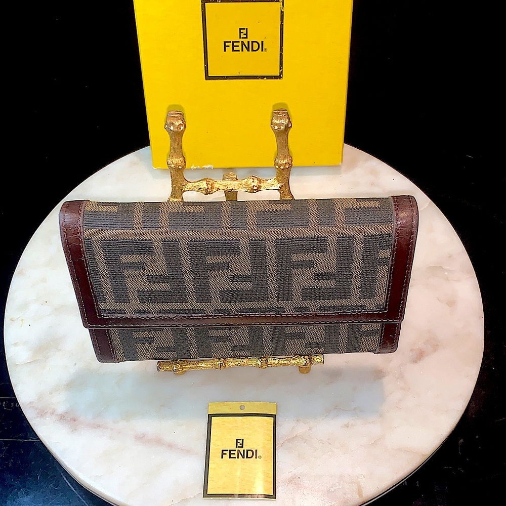 FENDI ZUCCA TRIFOLD WOMANS WALLET VINTAGE WITH BOX BROWN DONNA